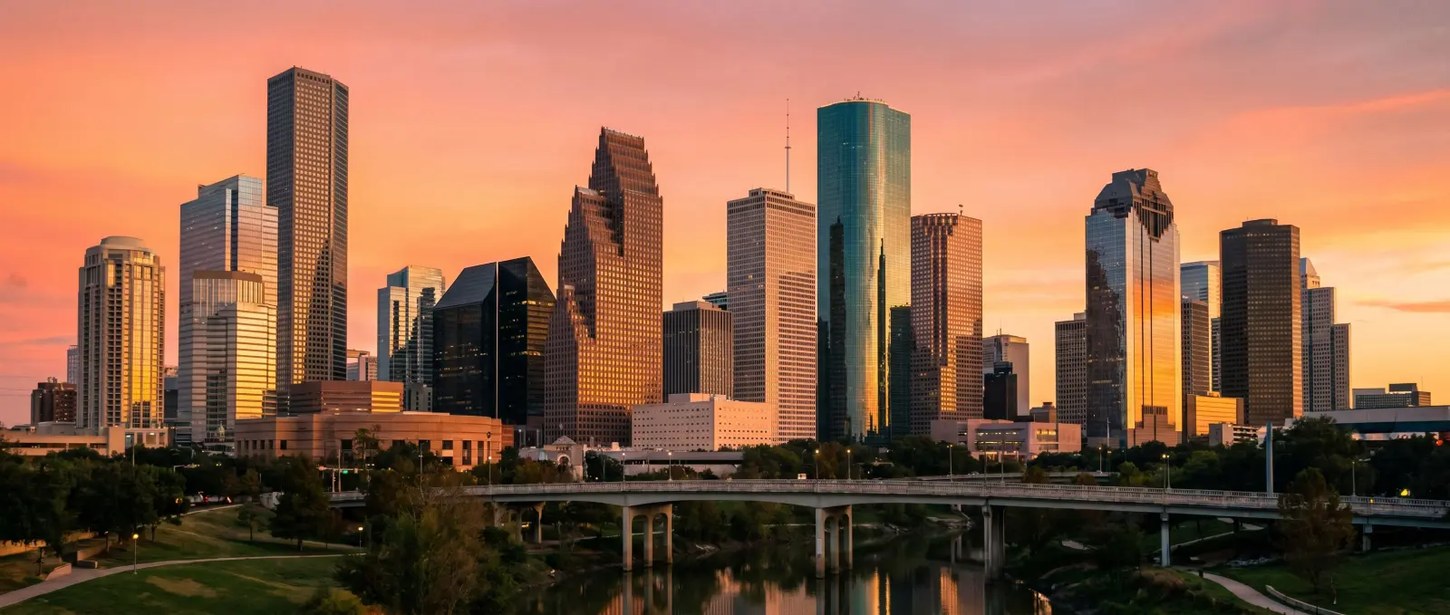 Houston Texas skyline at golden hour with modern skyscrapers